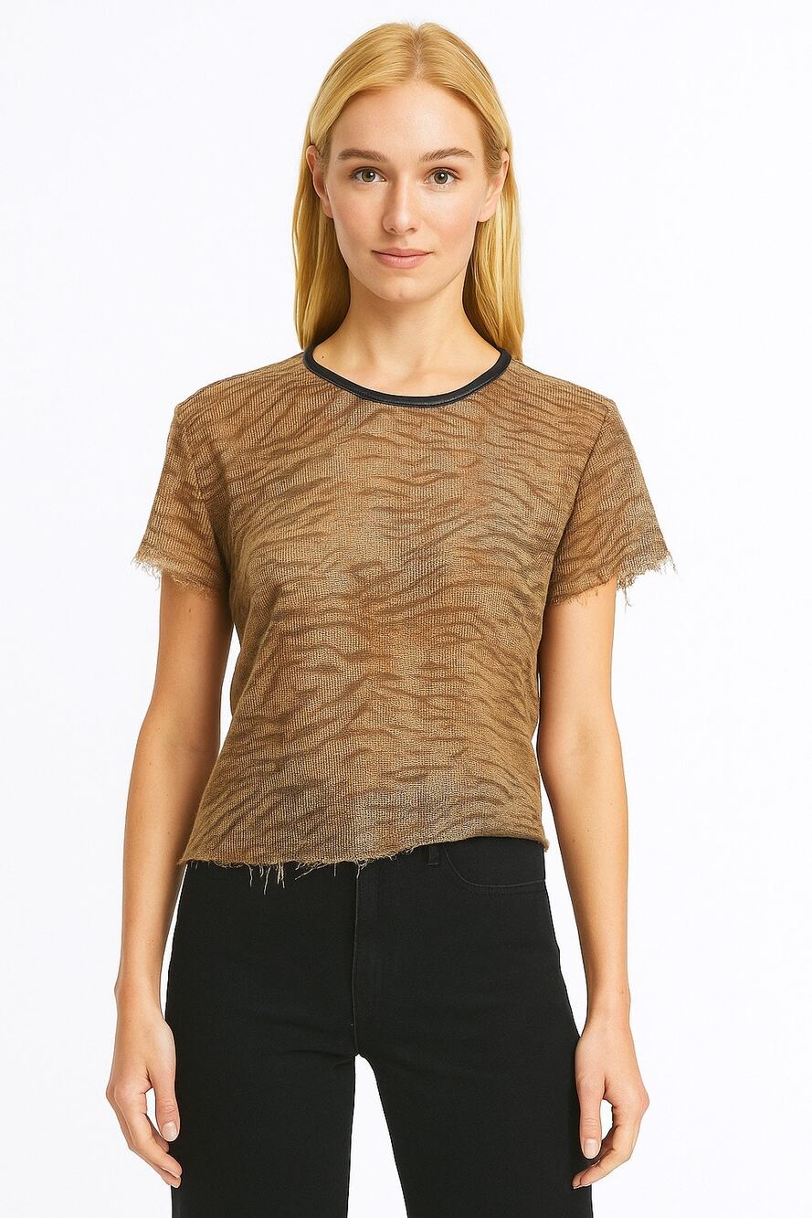 IRO Lamb skin animal print crew neck raw hem & sleeves T-shirt tan brown medium